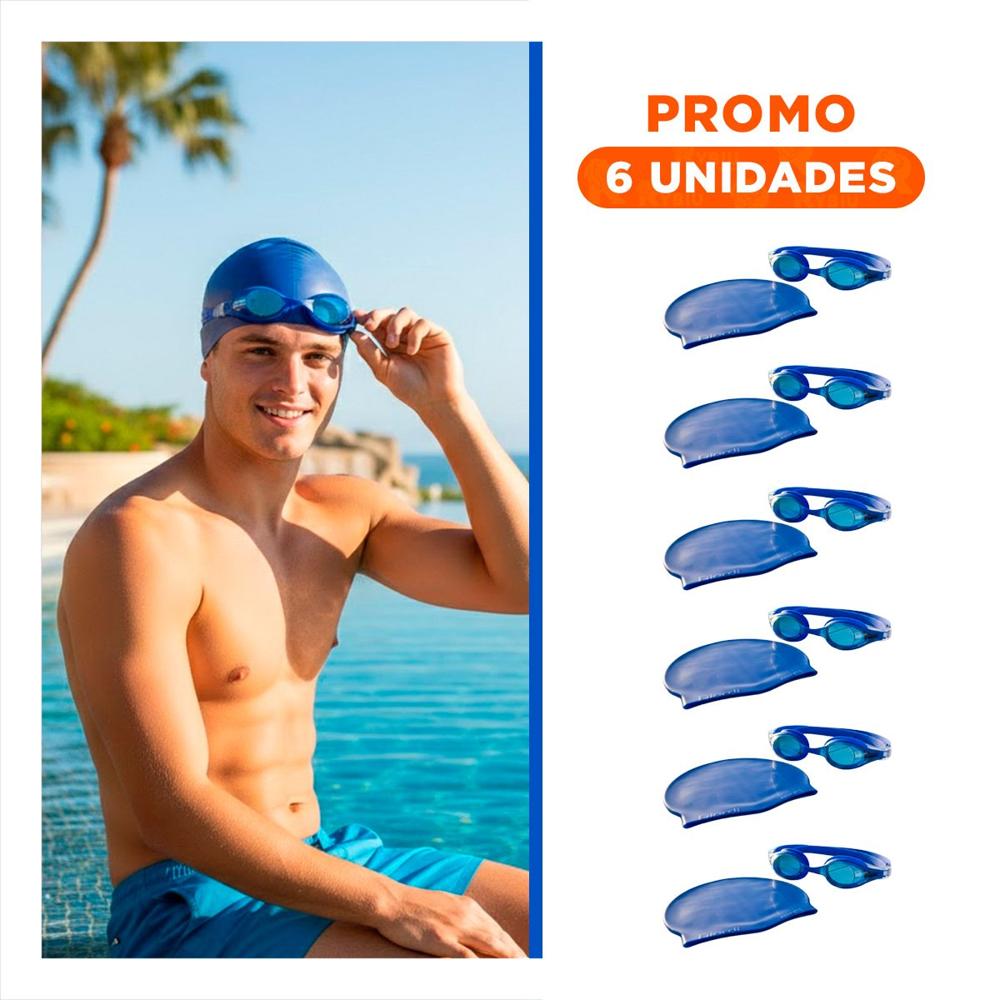Pack6 Kit de Natacion Azul con Lentes y Gorro para Sesiones en Agua Y+Regalo Sticker