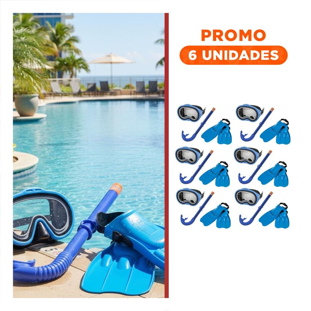 Pack6 Conjunto Azul para Ninos con Gafas Tubo y Aletas para Agua Y+Regalo Sticker