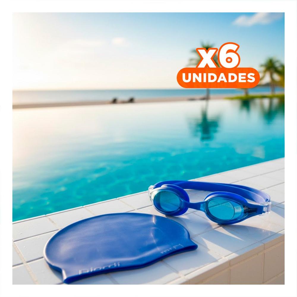 Pack6 Combo de Lentes y Gorro Azul para Uso Continuo en Piscina Y+Papel Regalo