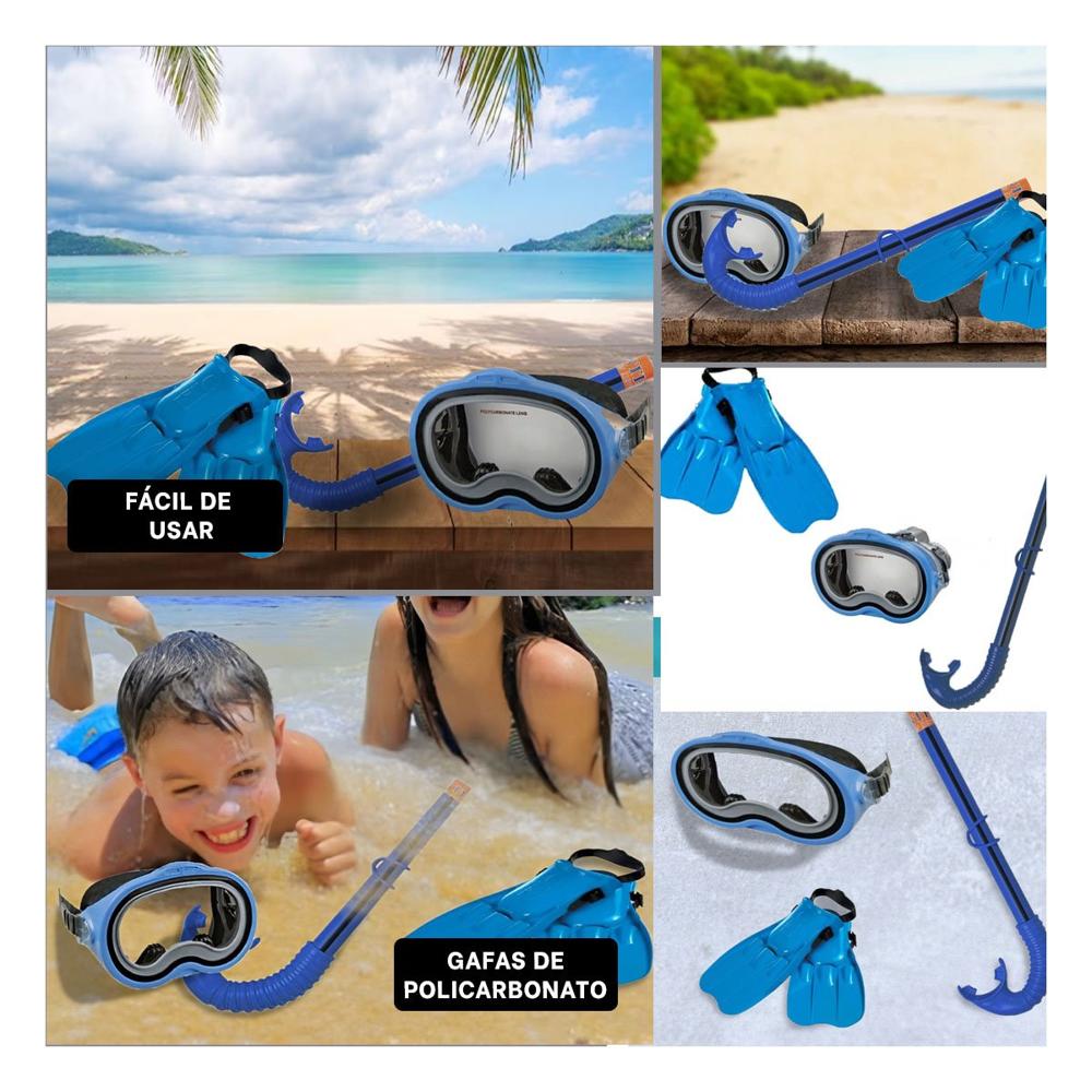 Conjunto de Buceo Azul para Ninos con Gafas Tubo y Aletas para Snorkel Y+Ligas Regalo