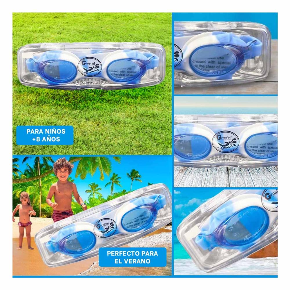 Gafas Acuaticas Celeste y Blanco para Ninos con Ajuste Regulable Y+Ligas Regalo