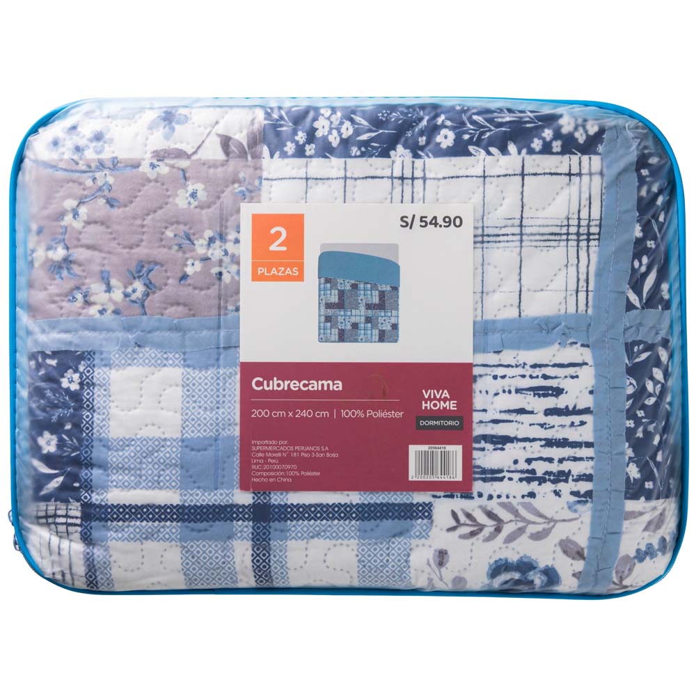 Cubrecama Patchwork 2 Plazas Celeste Líneas y Flores VIVA HOME