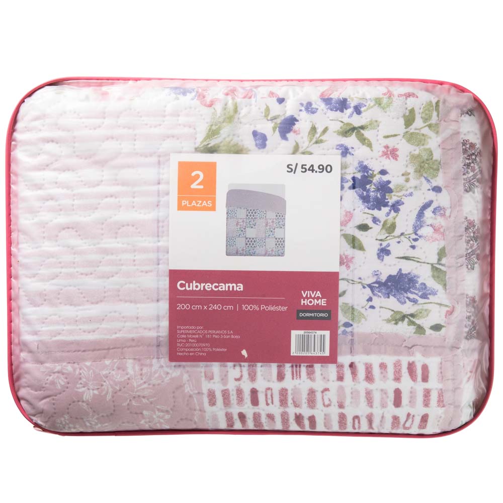 Cubrecama Patchwork 2 Plazas Rosada Flores Azul VIVA HOME