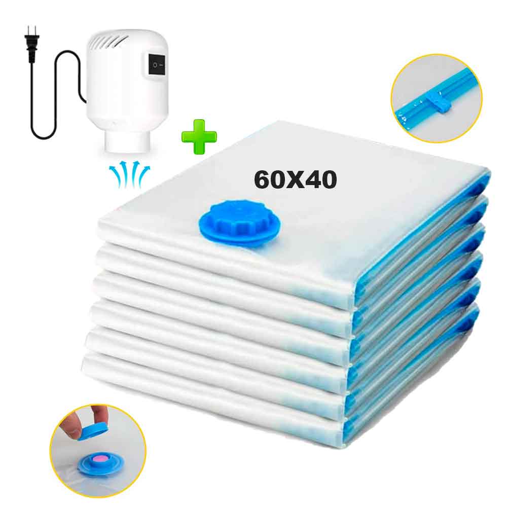 Pack 6 Bolsas de Aire al Vacío de Viaje 60x40cm con Bomba de Aire Alámbrico