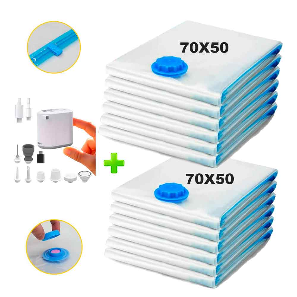 Pack 12 Bolsas de Aire al Vacío de Viaje 70x50cm con Bomba de Aire Inalámbrico