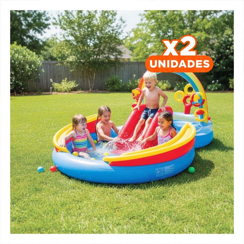 Pack2 Centro Recreativo Arcoiris Inflable para Ninos con Actividades Acuaticas Y+Regalo Sticker