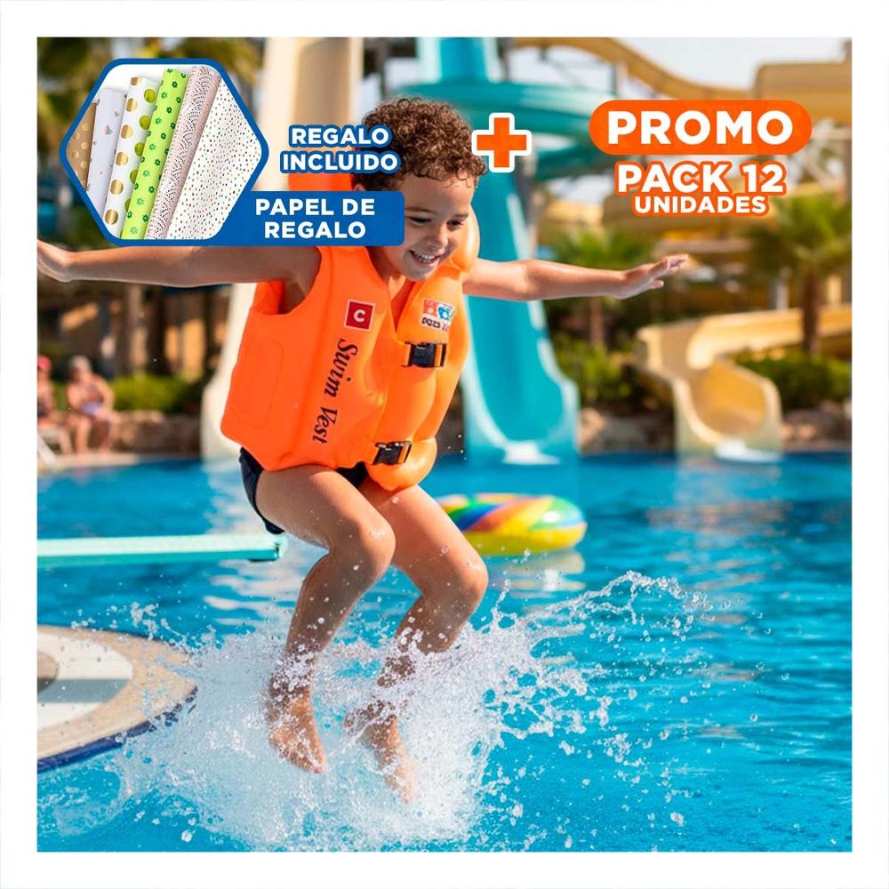 Pack12 Inflable de Juego Infantil MG-4001A Anaranjado Chaleco para Niños Y+Papel Regalo