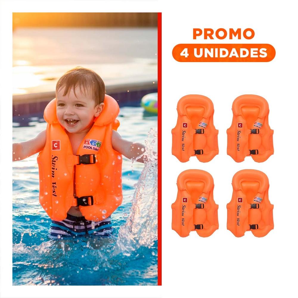 Pack4 Chaleco Infantil Seguro MG-4001A Anaranjado Inflable Y+Regalo Sticker Pack4 Chaleco Infantil Seguro MG-4001A Anaranjado Inflable Y+Regalo Sticker