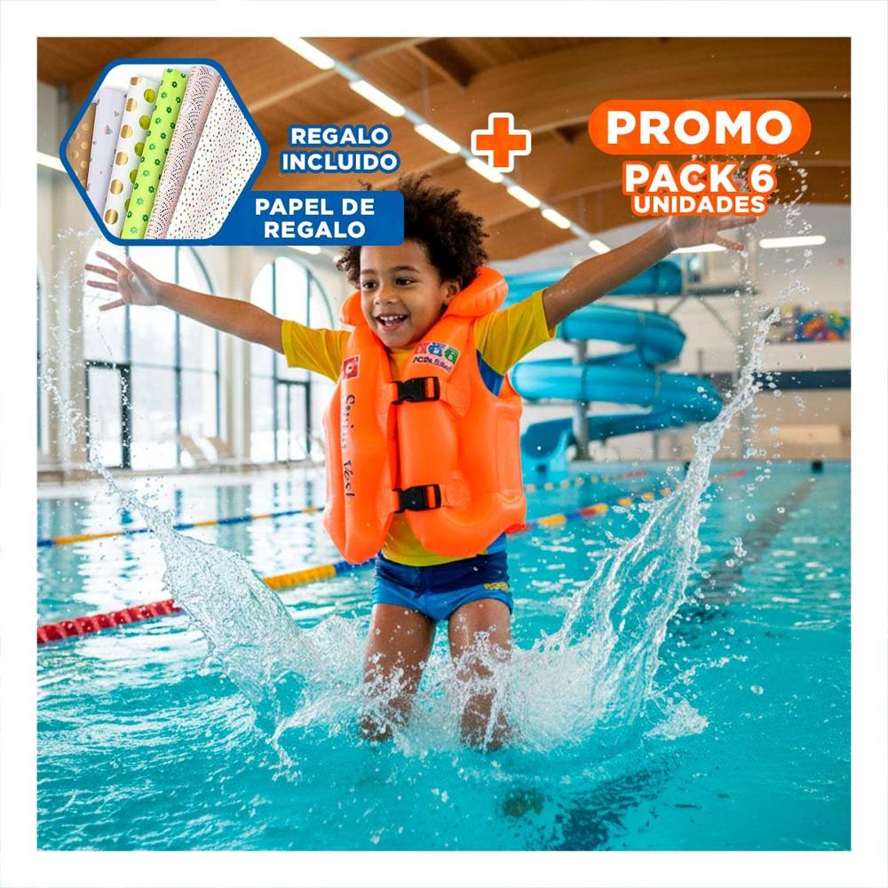 Pack6 Protector Infantil Acuatico MG-4001A Anaranjado Chaleco Seguro Y+Papel Regalo