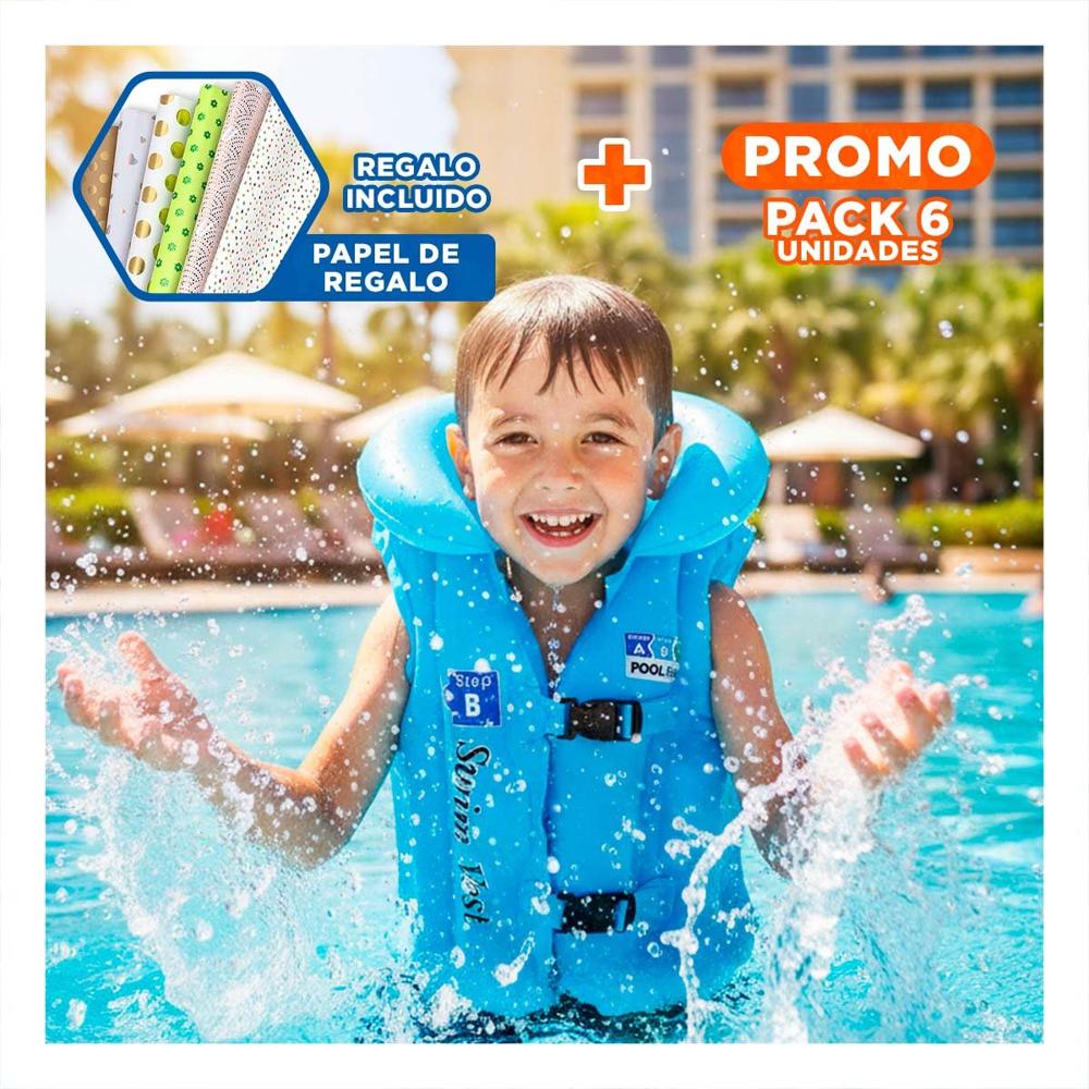 Pack6 Protector Infantil Acuatico MG-4001A Celeste Chaleco Seguro Y+Papel Regalo