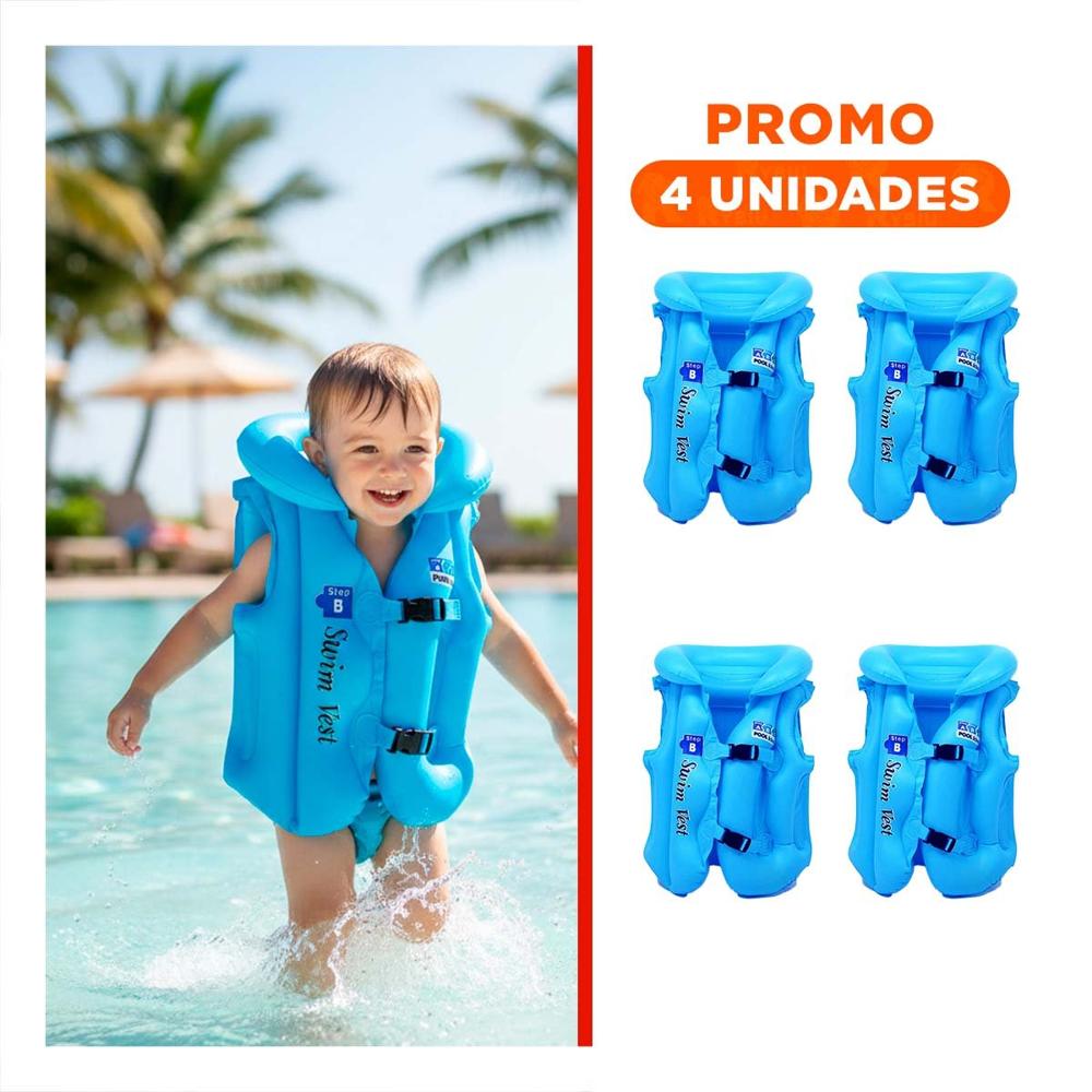 Pack4 Chaleco Infantil Seguro MG-4001A Celeste Inflable para Juegos Acuaticos Y+Regalo Sticker