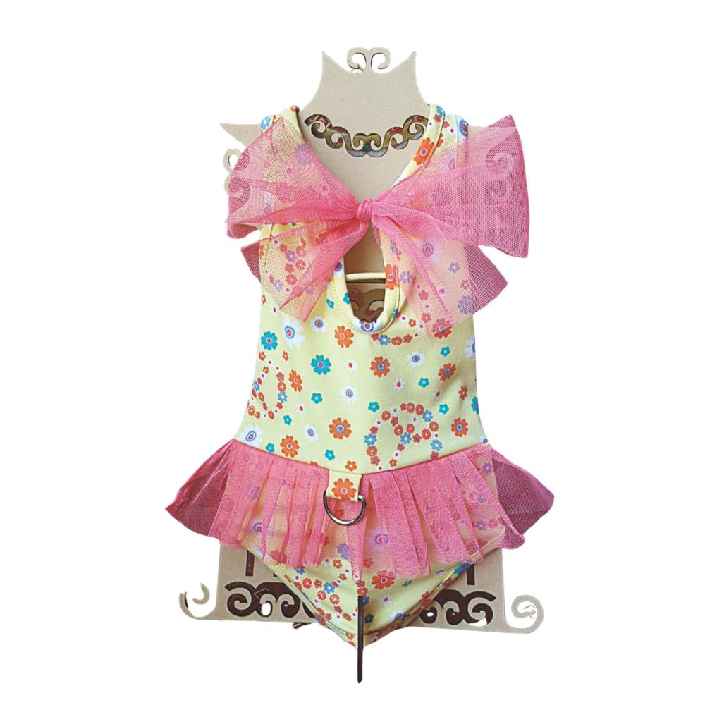 ENTERIZO ROPA DE BAÑO PARA PERRO Y GATO TUL Y LAZO AMARILLO Y CORAL - TALLA XS