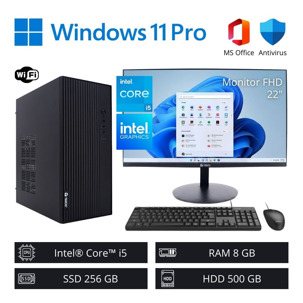 Computadora PC Intel Core i5 3,60 GHz 8GB RAM 256GB SSD 500GB HDD + Monitor 22"" FHD WiFi