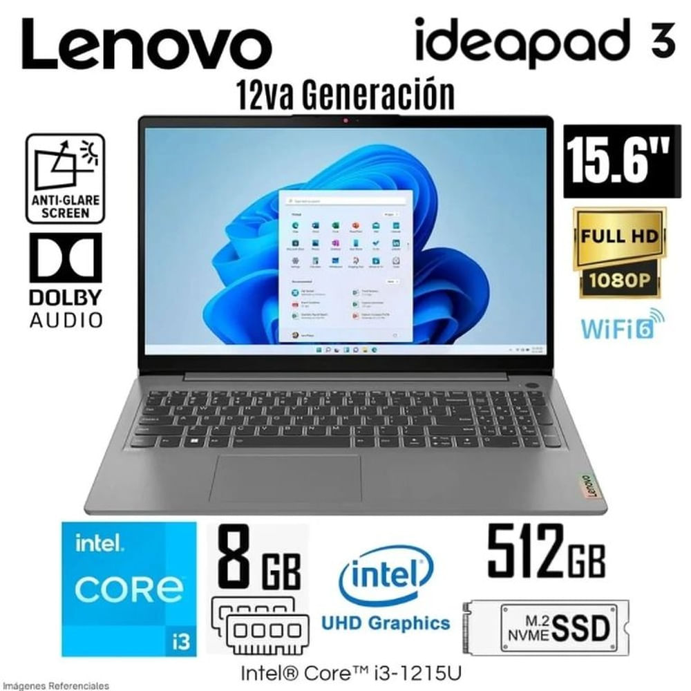Laptop Lenovo IdeaPad 3 15IAU7 Intel Core i3-1215U 8GB RAM 512GB SSD  15.6' FHD - Arctic Grey