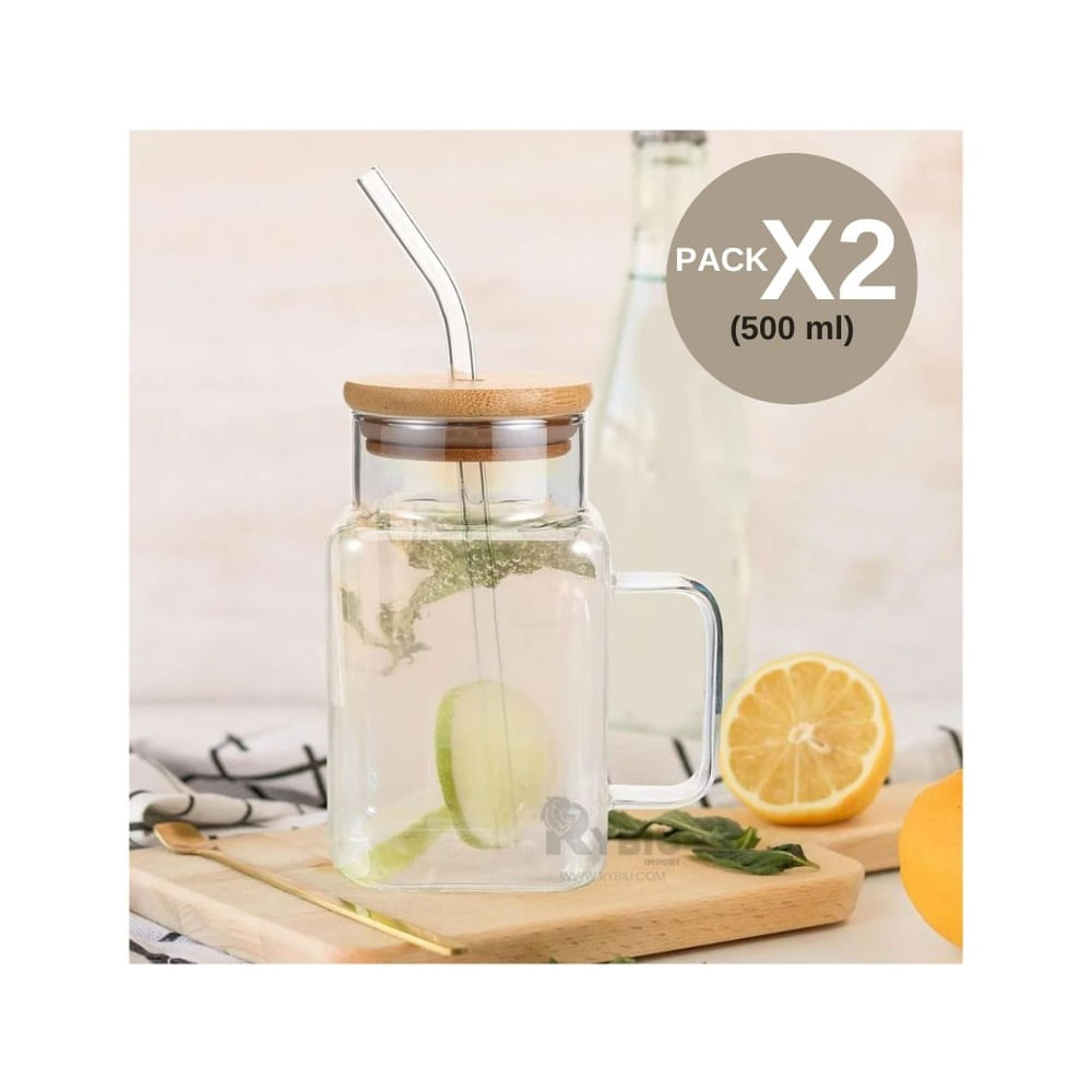 PACK X2 VASOS DE VIDRiO CON TAPA DE BAMBU Y CAÑA 500ML