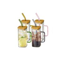 Set x 4 Vasos vidrio Cuadrado con Asa y Sorbete de Colores