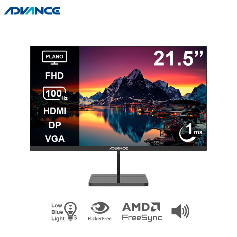 MONITOR ADVANCE LED PLANO ADV-2152S 21.5"" FHD IPS 100HZ 1MS HDMI DP VGA CON PARLANTES NEGRO