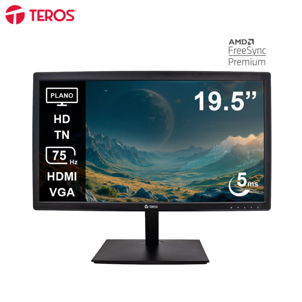 MONITOR TEROS LED PLANO TE-1916S 19.5"" HD TN 75HZ 5MS HDMI VGA AUDIO OUT NEGRO