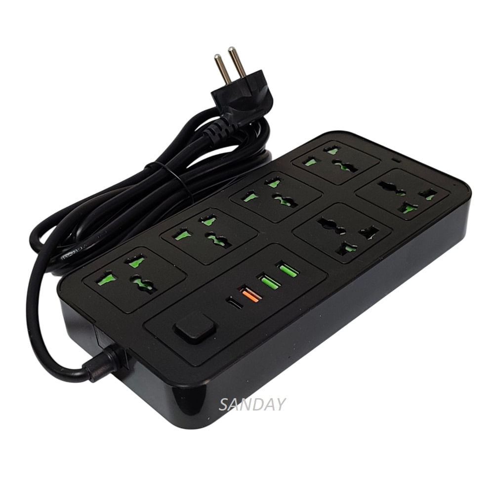 EXTENSION DE CORRIENTE PARA OFICINA HOGAR INTERIORES 6 ENTRADAS 4 USB 3 METROS NEGRO SANDAY