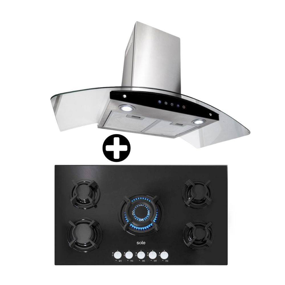 COMBO Sole: Cocina Encimera SOLCO033 Vidrio Templado 86cm 5 hornillas + Campana Extractora Decorativa 90cm Venus Classic