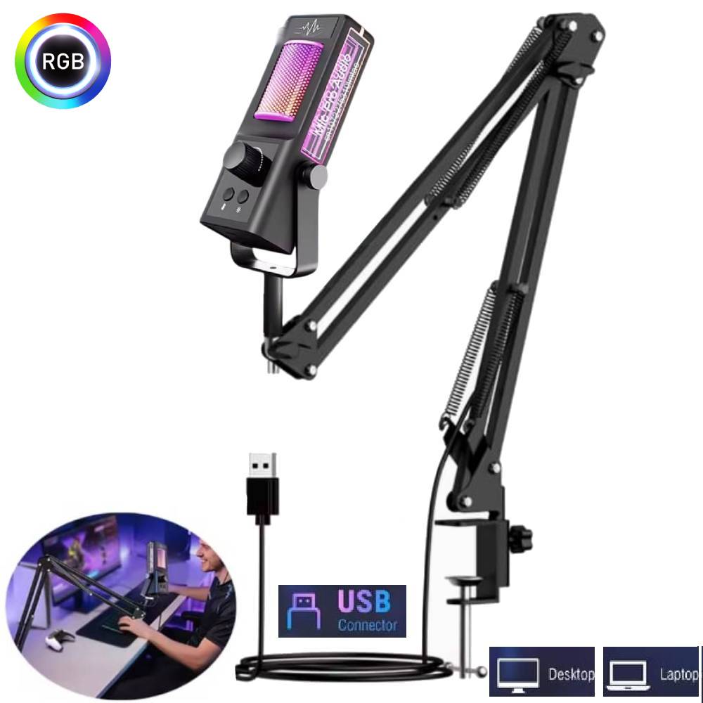 Micrófono Gamer para Pc Laptop USB Luz RGB Dinámico Escritorio