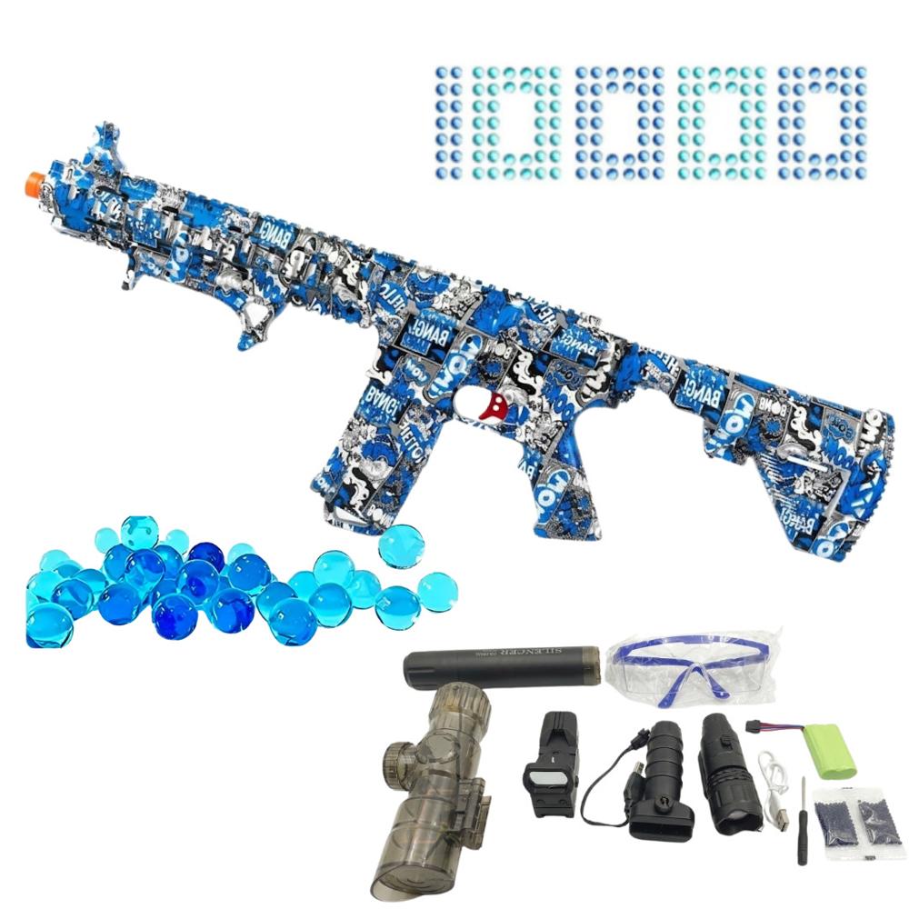 PISTOLA AR RIFLE DE ASALTO JUGUETE PARA NIÑOS Y ADULTOS ACCESORIOS LENTES LANZADOR DE HIDROGEL AZUL