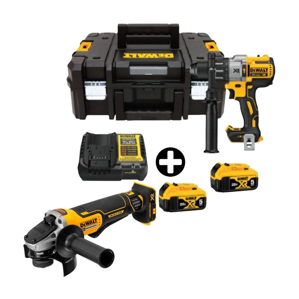 COMBO Dewalt: Taladro Percutor DCD996P2T-B2 20v-3v Brushless + Amoladora Angular 4-1/2"" 20V BRUSHLESS DCG413B + 2 Bateria 5Ah + Maleta Tstack