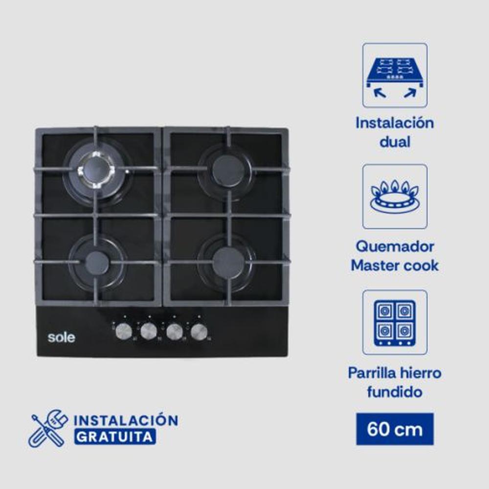 Encimera Vidrio Templado Sole A Gas 60cm SOLCO045V2.