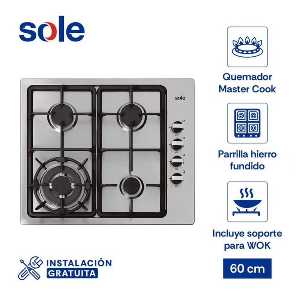 Cocina Empotrable A Gas, 4 Hornillas, Acero Inoxidable, 58Cm Sole