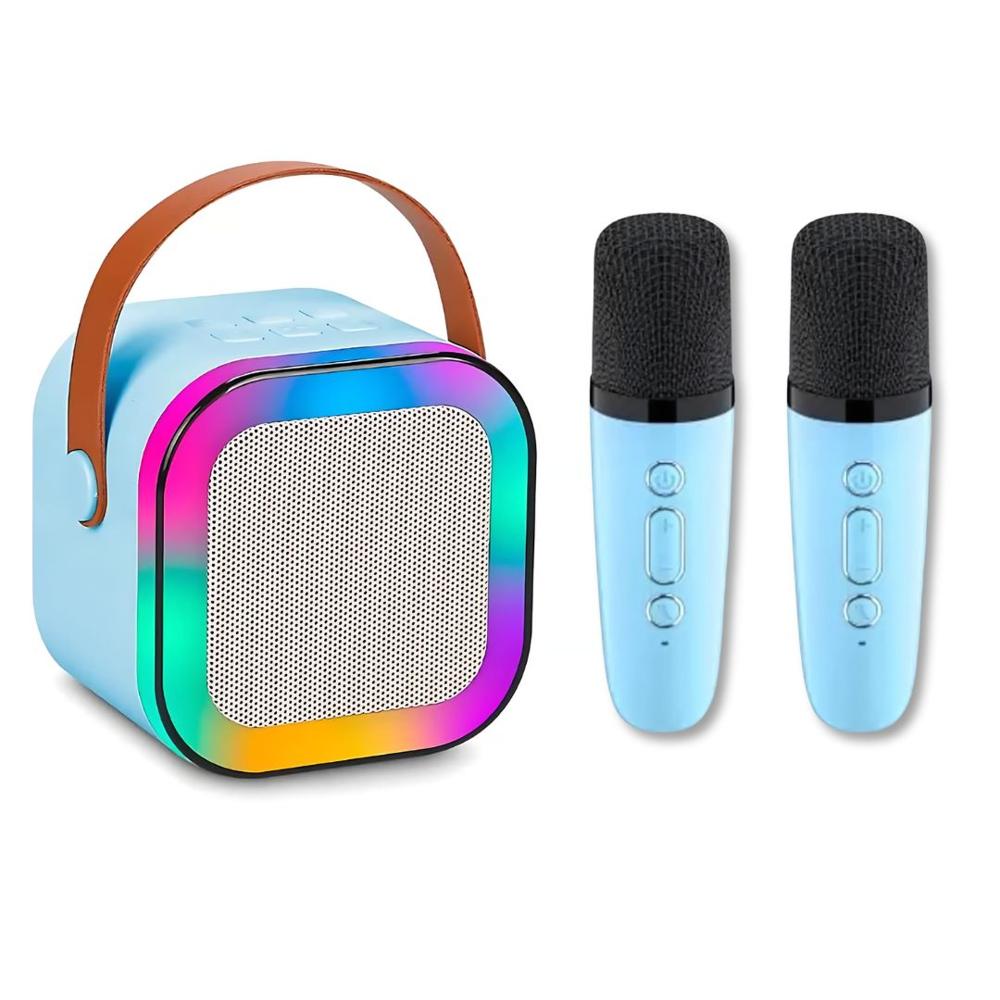 Parlante Karaoke Inteligente Portátil con 2 Micrófonos y Luces LED K12 Celeste