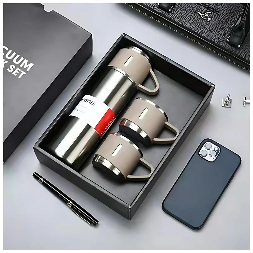 Termo de Acero Inoxidable Bebidas Frías y Calientes de 500 ml + 3 Tazas Plateado
