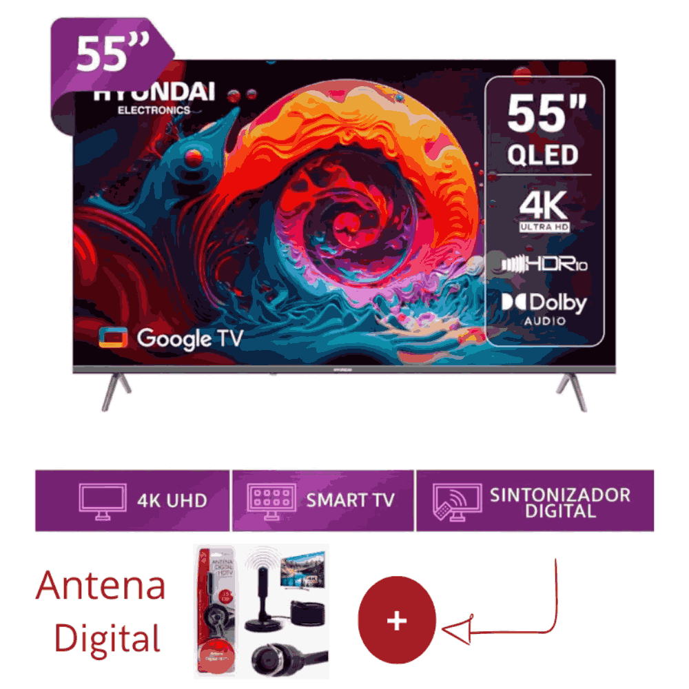 Televisor HYUNDAI 55 QLED Smart TV GOOGLE TV 4K UHD HYLED5529QG  MAS Antena Digital