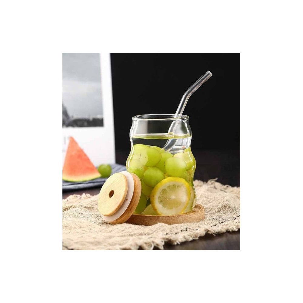Vaso de Vidrio Ondulado con sorbete y Tapa de Bambu 500ml