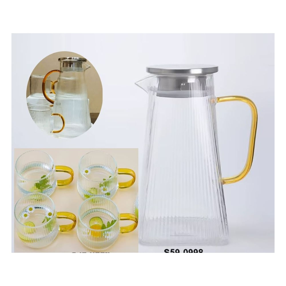 Set de Jarra y 4 Tazas con Asa Dorada Resistente al Calor.