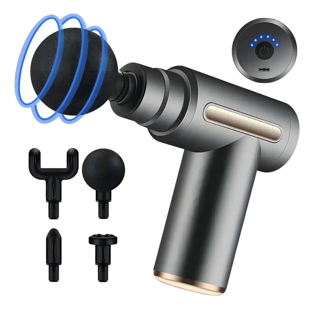 Pistola De Masaje Muscular Para Relajar Aliviar El Dolor 4 Cabezales  6 Velocidades Gris