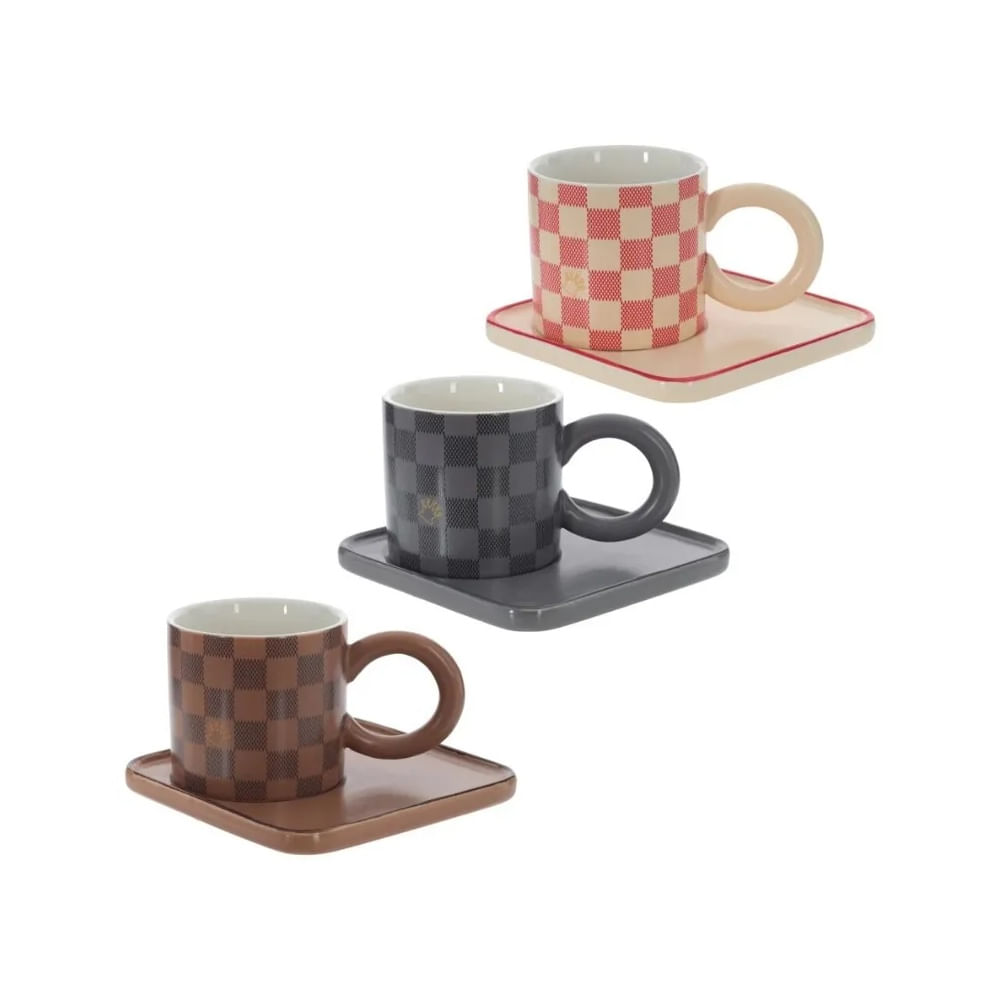 Pack X 3 Tazas con Plato de Cerámica de Tablero de  Ajedrez