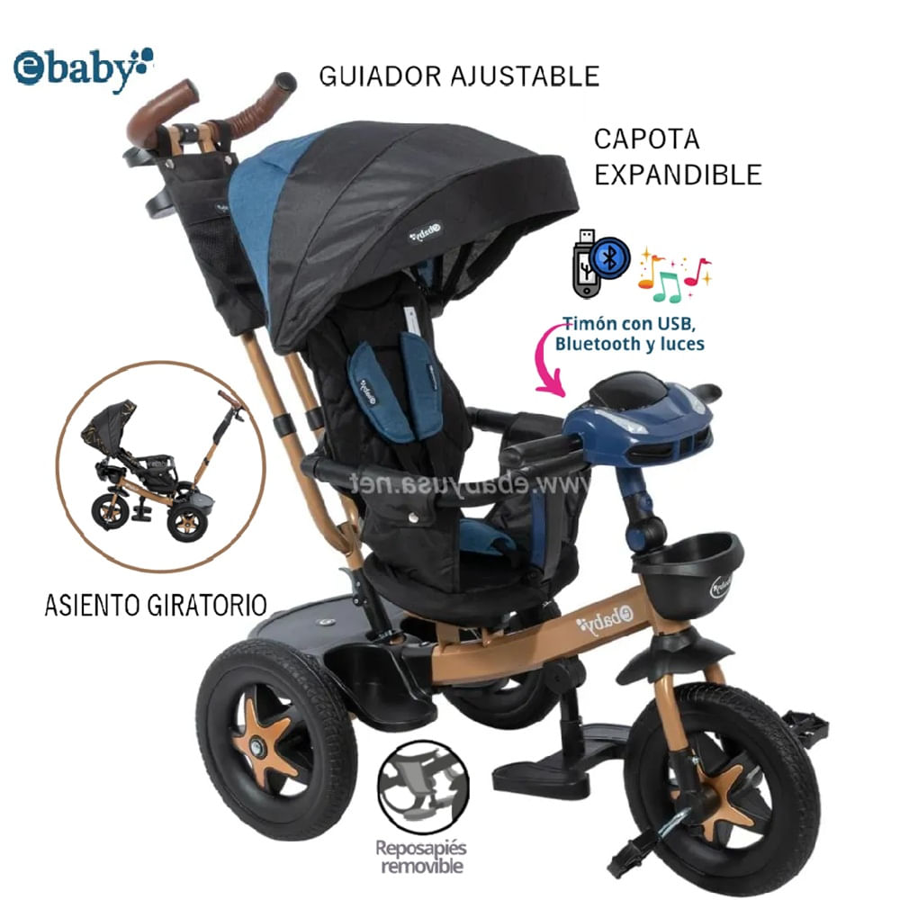 Triciclo Santorini USB y Bluetooth Reclinable 368A -Azl