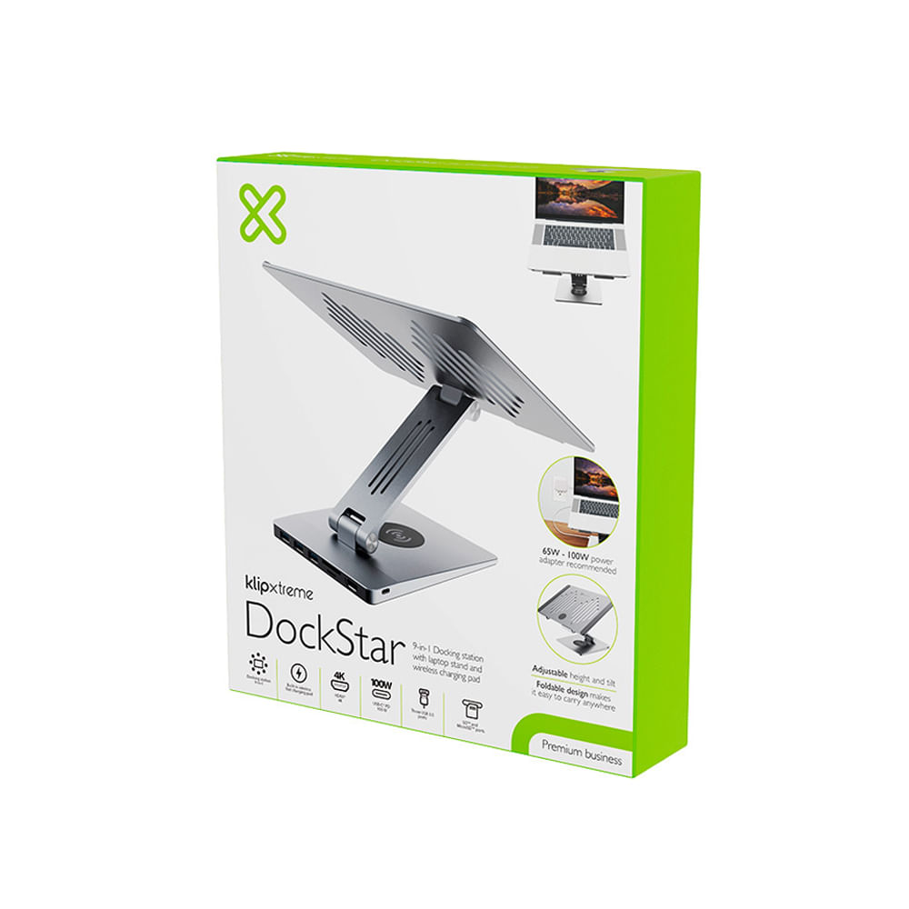 Docking station Klip Xtreme para notebook con puertos, soporte ergonómico y diseño compacto