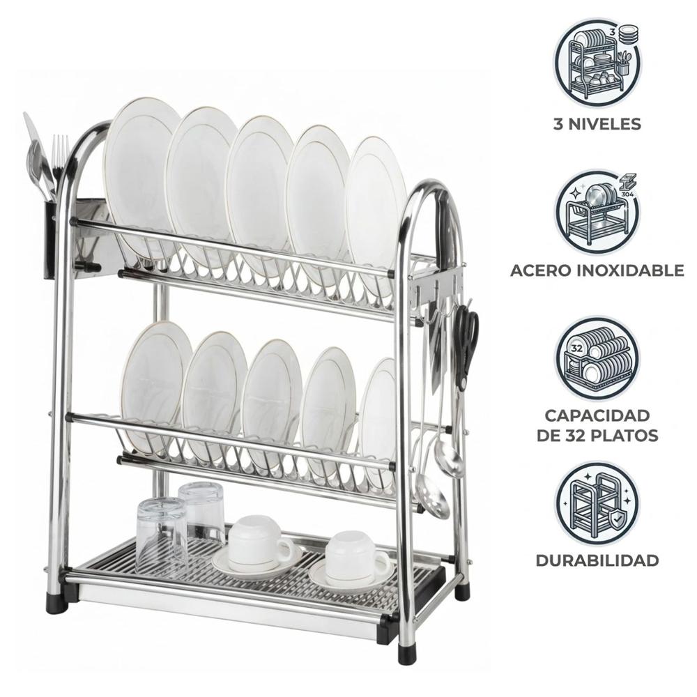 Escurridor de Platos 03 niveles para 32 platos Acero Inoxi, 52 x 25 x 63 cm