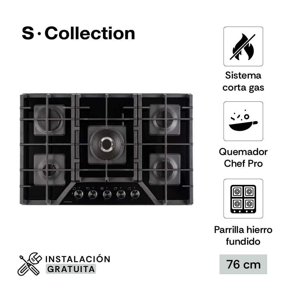 Cocina Encimera 76cm S-Collection SOLCO060 Vidrio Templado a Gas