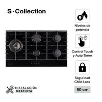 Cocina Encimera 90cm S-Collection Vidrio Templado Full Touch Gas 5 Hornillas Negro