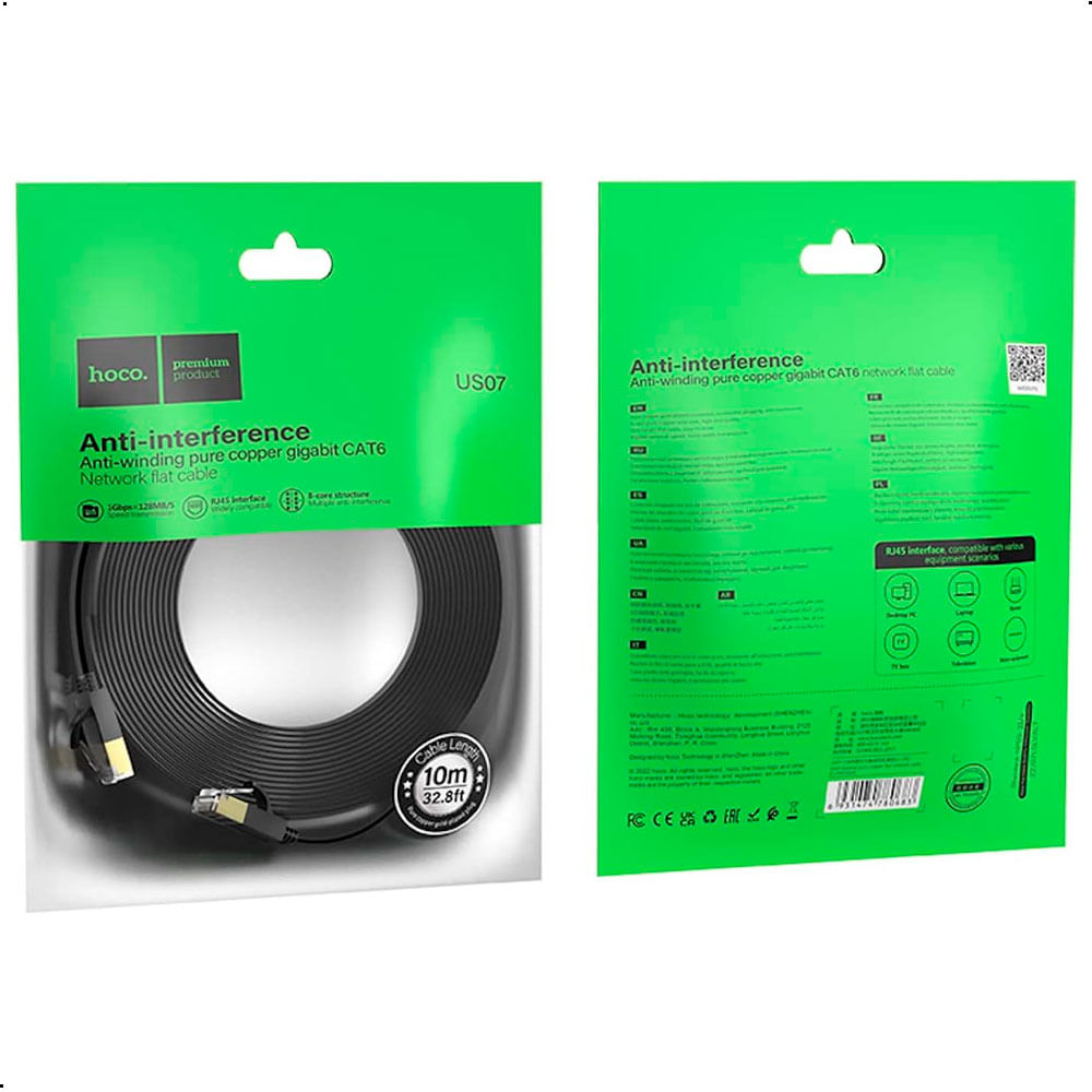 Cable De Red Hoco Us07 Cat6 Plano Cobre Puro Rj45 10mts