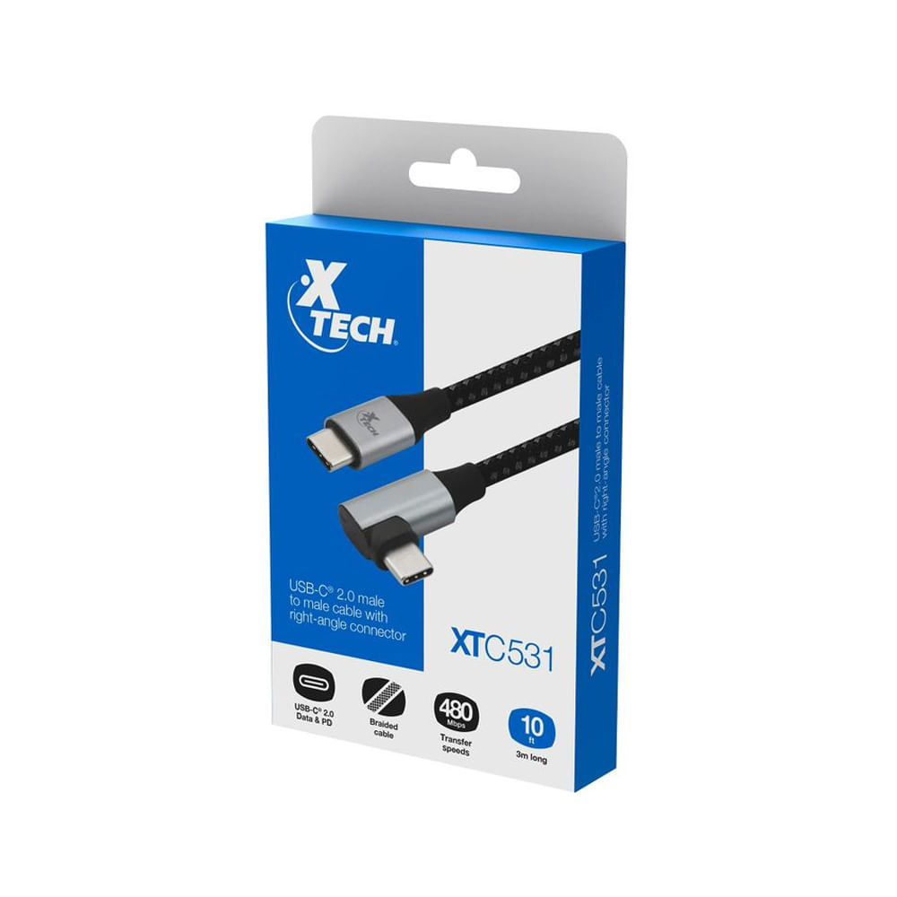Xtech Cable USB Type C de 3m - Negro con Conector en Ángulo Derecho para Conexiones Comodas