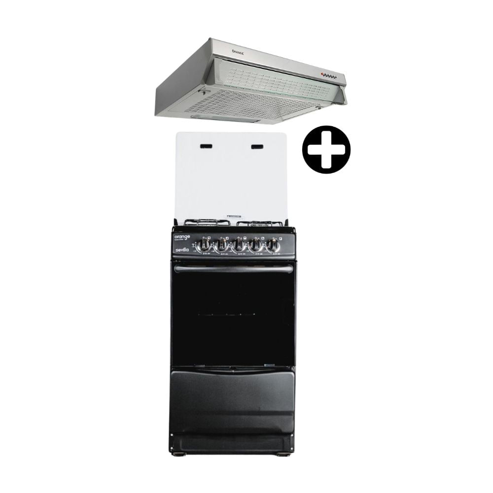 COMBO Orange: Cocina de pie a gas 20"" Sevilla 4 hornillas Negra + Campana Extractora 60cm Frontal Acero Inoxidable 1 motor