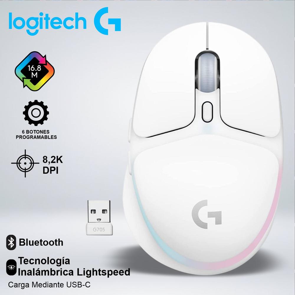 MOUSE LOGITECH G705 WIRELESS GAMING 8.2K DPI USB-C CARGA WHITE