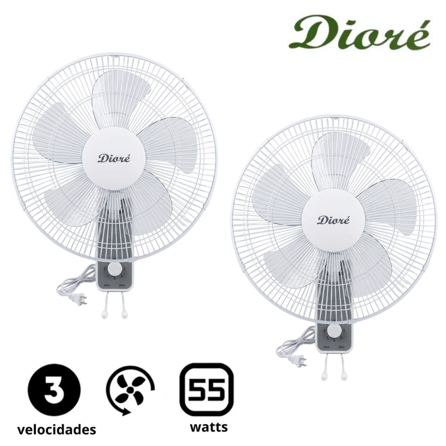 Pack 02 Ventilador de pared Dioré MWF 1605 3 velocidades 5 aspas 55 W Blanco