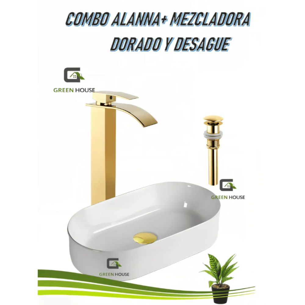 COMBO G2 LAVATORIO ALANNA MEZCLADORA MONOCOMANDO DORADO BRILLANTE