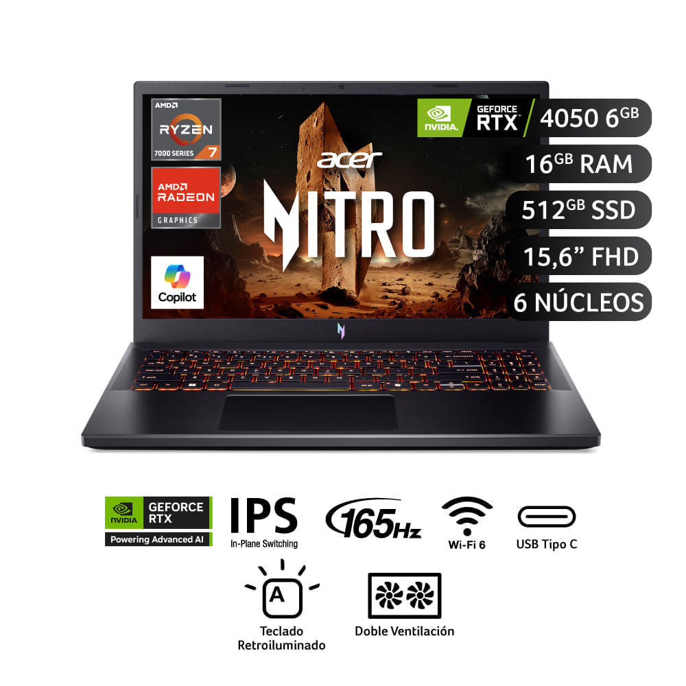 Laptop Acer ANV15-42-R8M0 R7-7445HS 16GB 512GB RTX4050