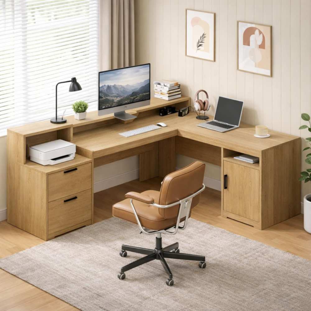 Escritorio en L Theo TU MESITA Color Rovere con Repisas y Almacenamiento Canto Grueso