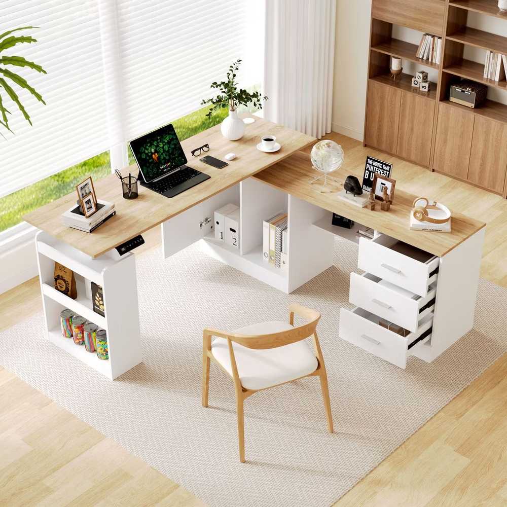 Escritorio en L Ivana TU MESITA Color Panela y Blanco con Cajonera y Canto Grueso